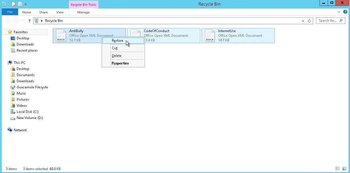 Restoring 'deleted' files from the Recycle Bin