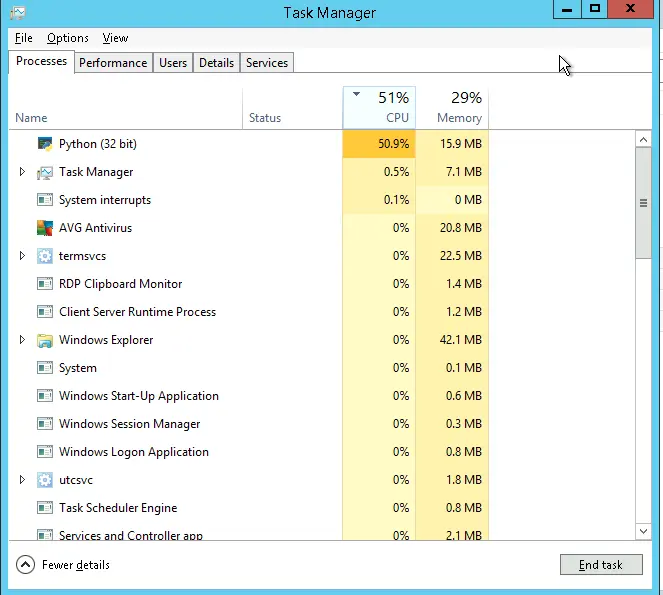 Task Manager Processes - Python (32 bit) causes over 50% CPU utilization