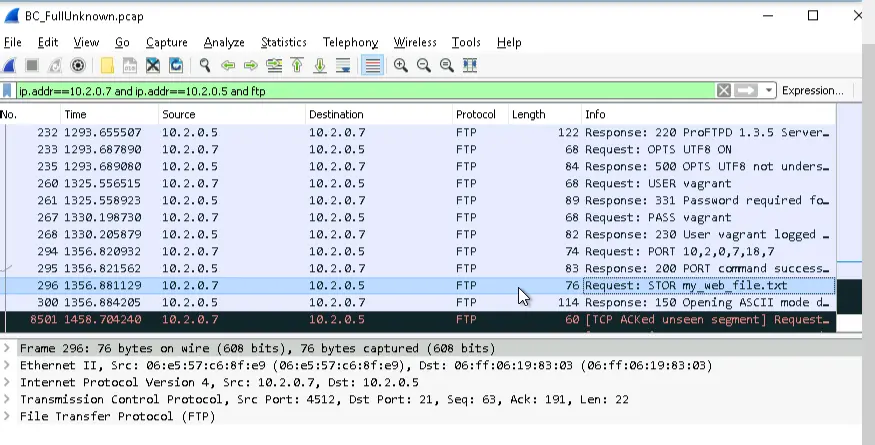 Wireshark of the malicious FTP transfer