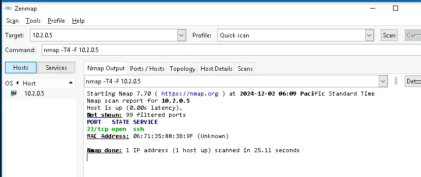 Zenmap scan of PumpPLC showing only SSH accessible from TargetWindows01