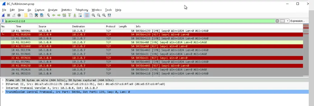 Wireshark capture of nmap network scan