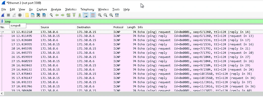 Inspecting ping replies using Wireshark