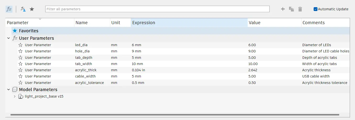 Picture of parameters in Autodesk Fusion 360